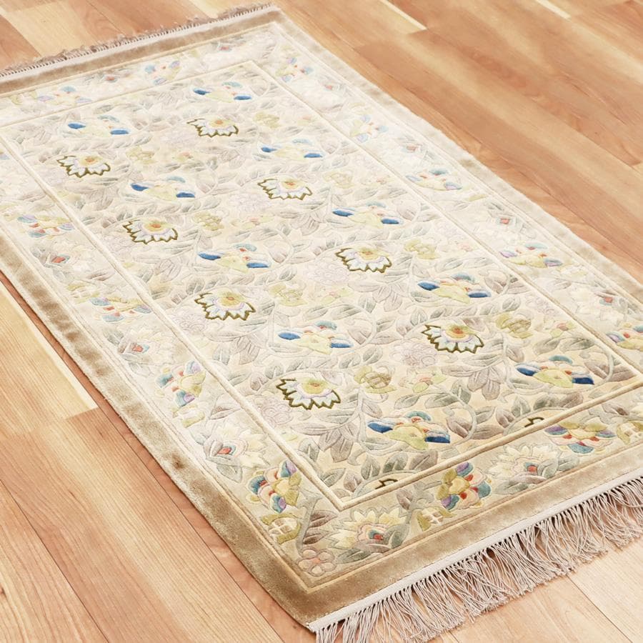 Y3180-2 中国緞通 シルク100% 手織り ハンドカット 121×70cm