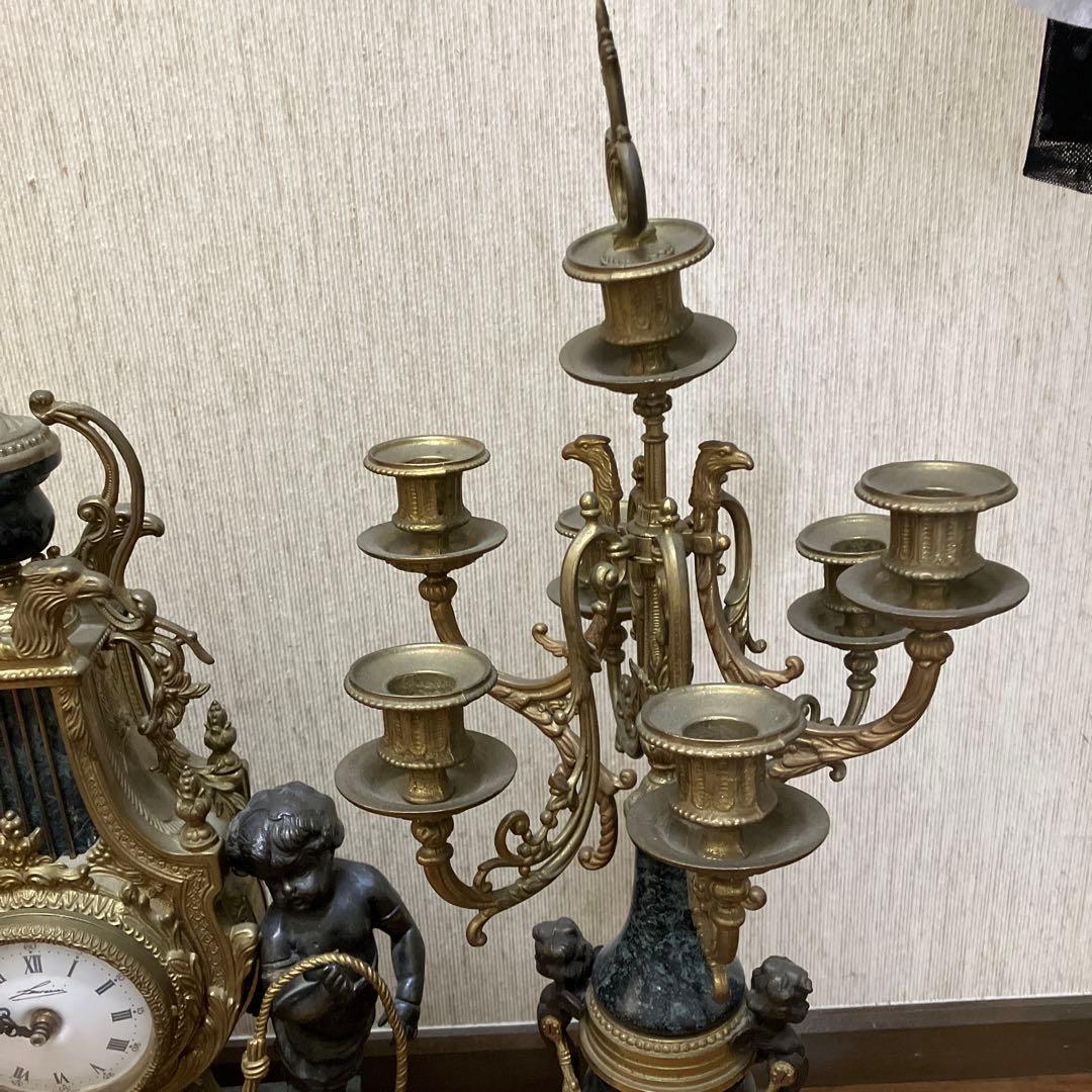 イタリア Lancini社製 置時計 大理石 手巻 燭台付 キャンドルスタンド