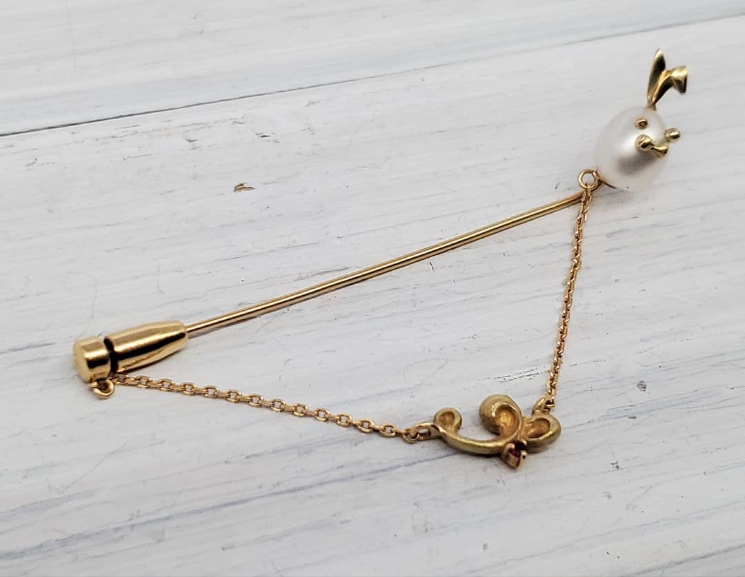 管185 K18 パール　ルビー　ブローチ　タイピン　3.1g