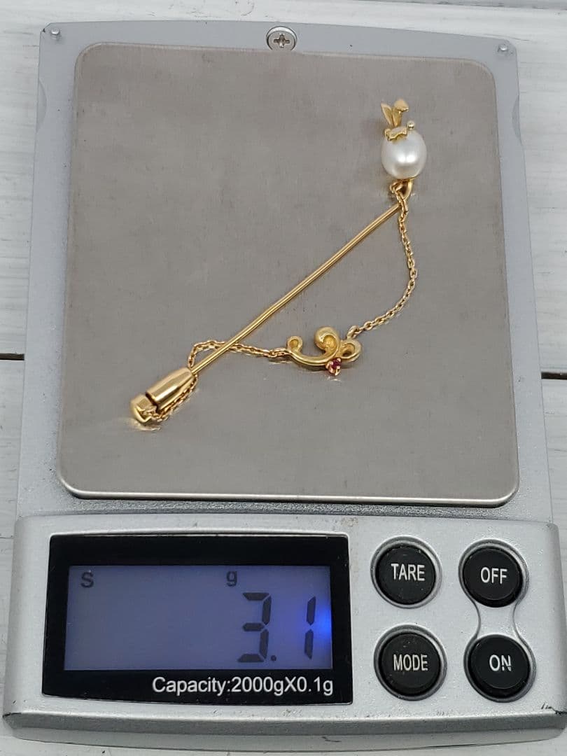 管185 K18 パール　ルビー　ブローチ　タイピン　3.1g