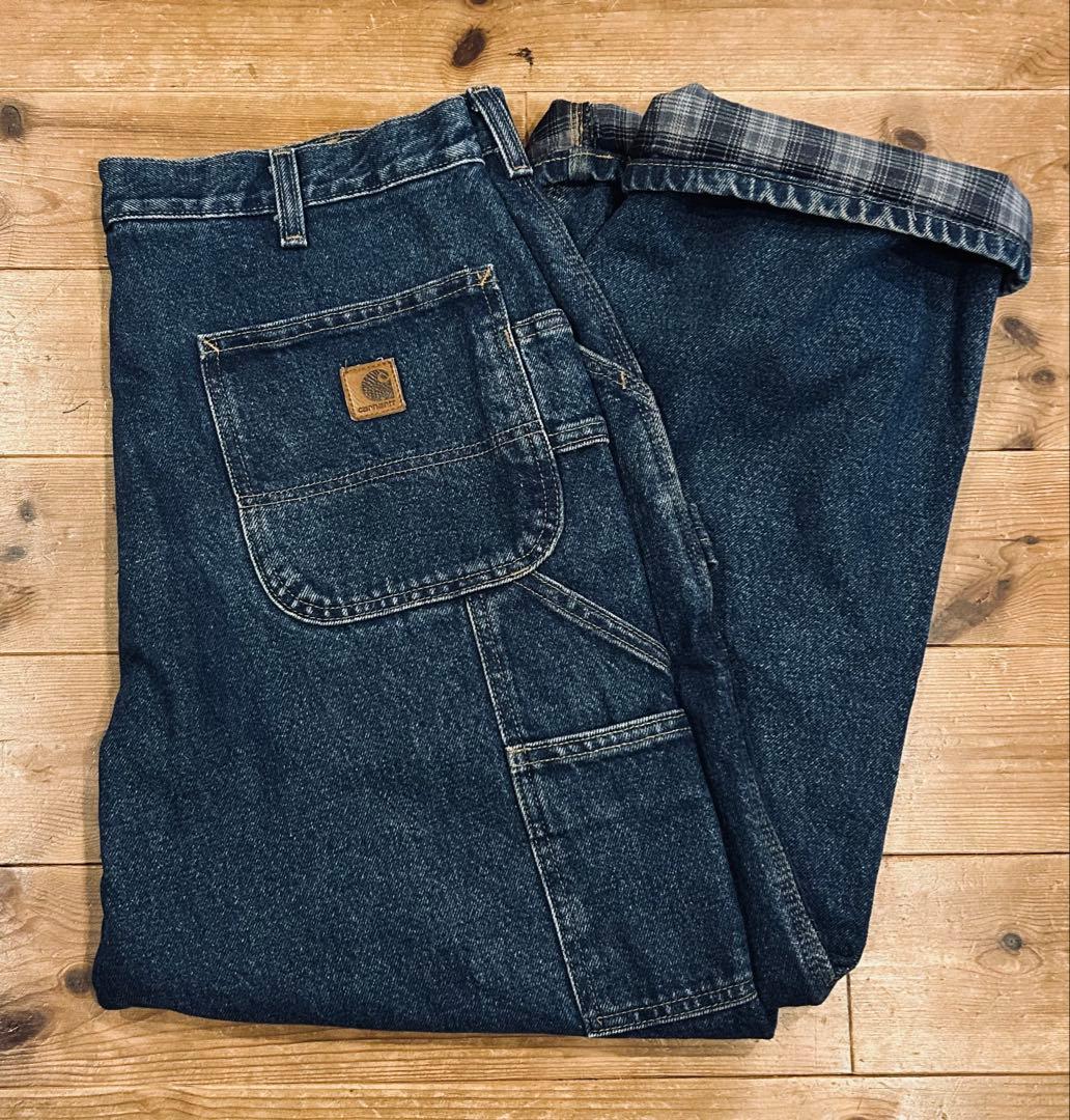 デニム 古着 90s Carhartt カーハート 青 チェック 裏地 カーゴ デニム 古着 90s Carhartt カーハート 青 チェック 裏地 カーゴ