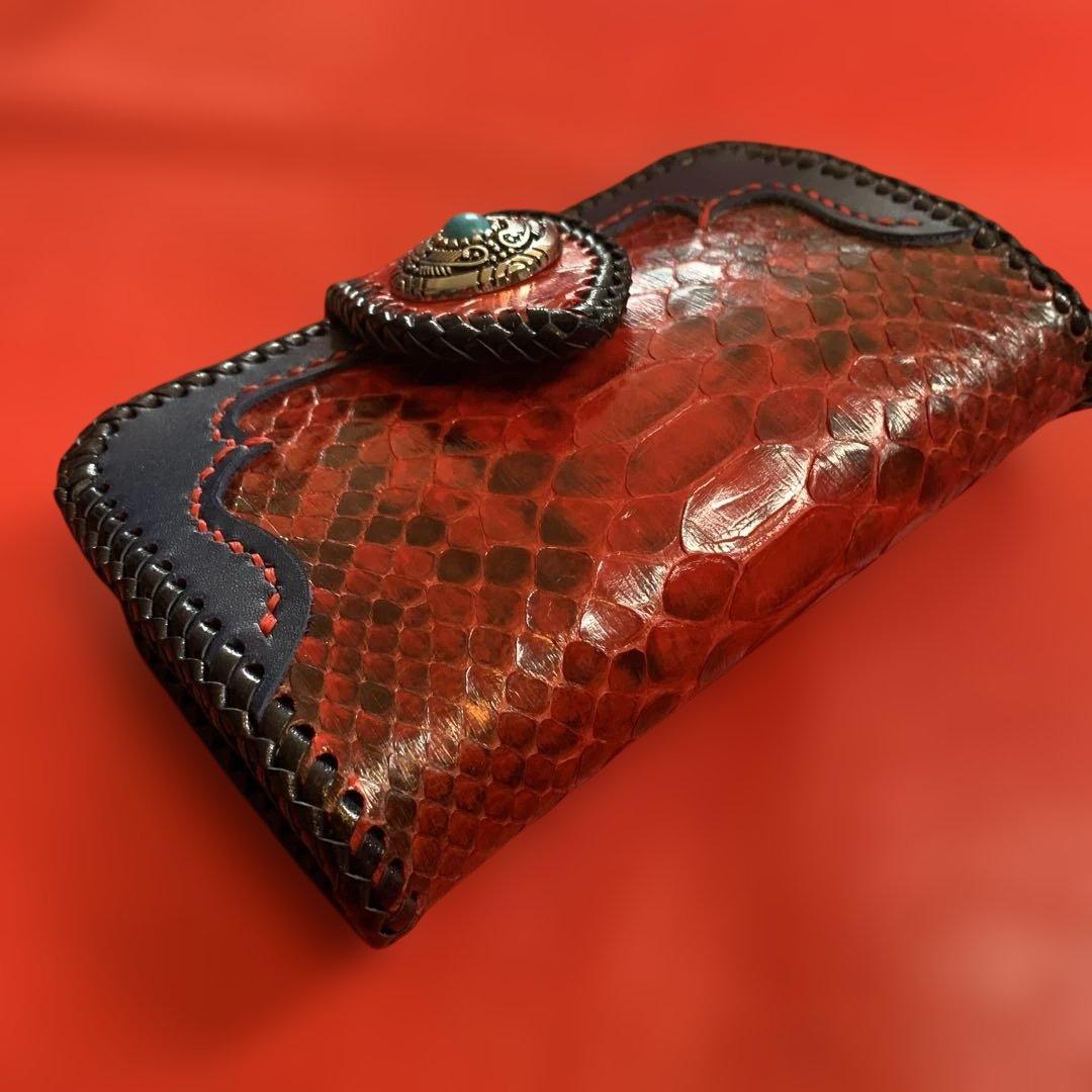 ハンドメイドレザークラフトレッドパイソンミドルウォレット牛革紺色牛