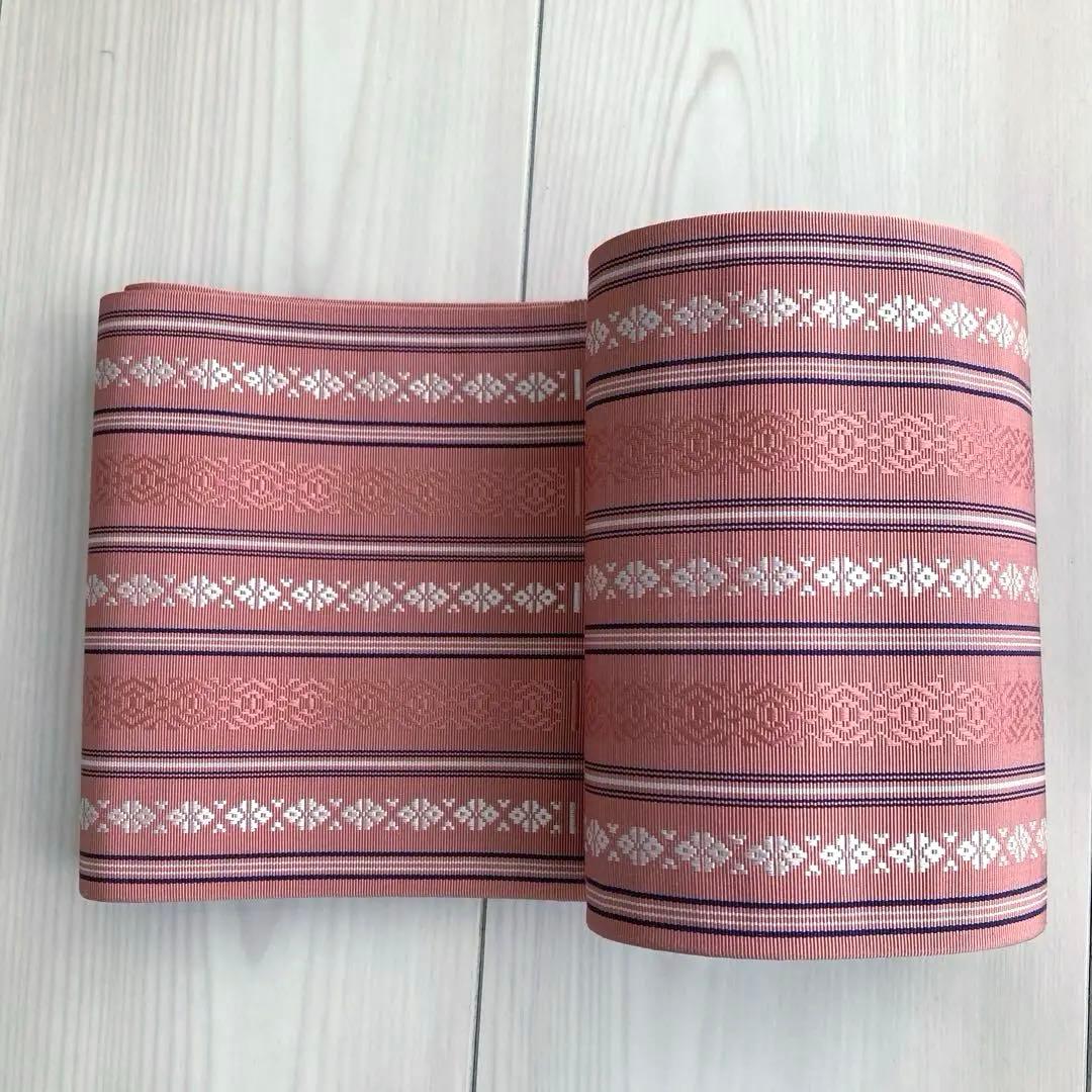 本場筑前博多織　半幅帯　縞模様　正絹　ピンクベージュ　No.7-22