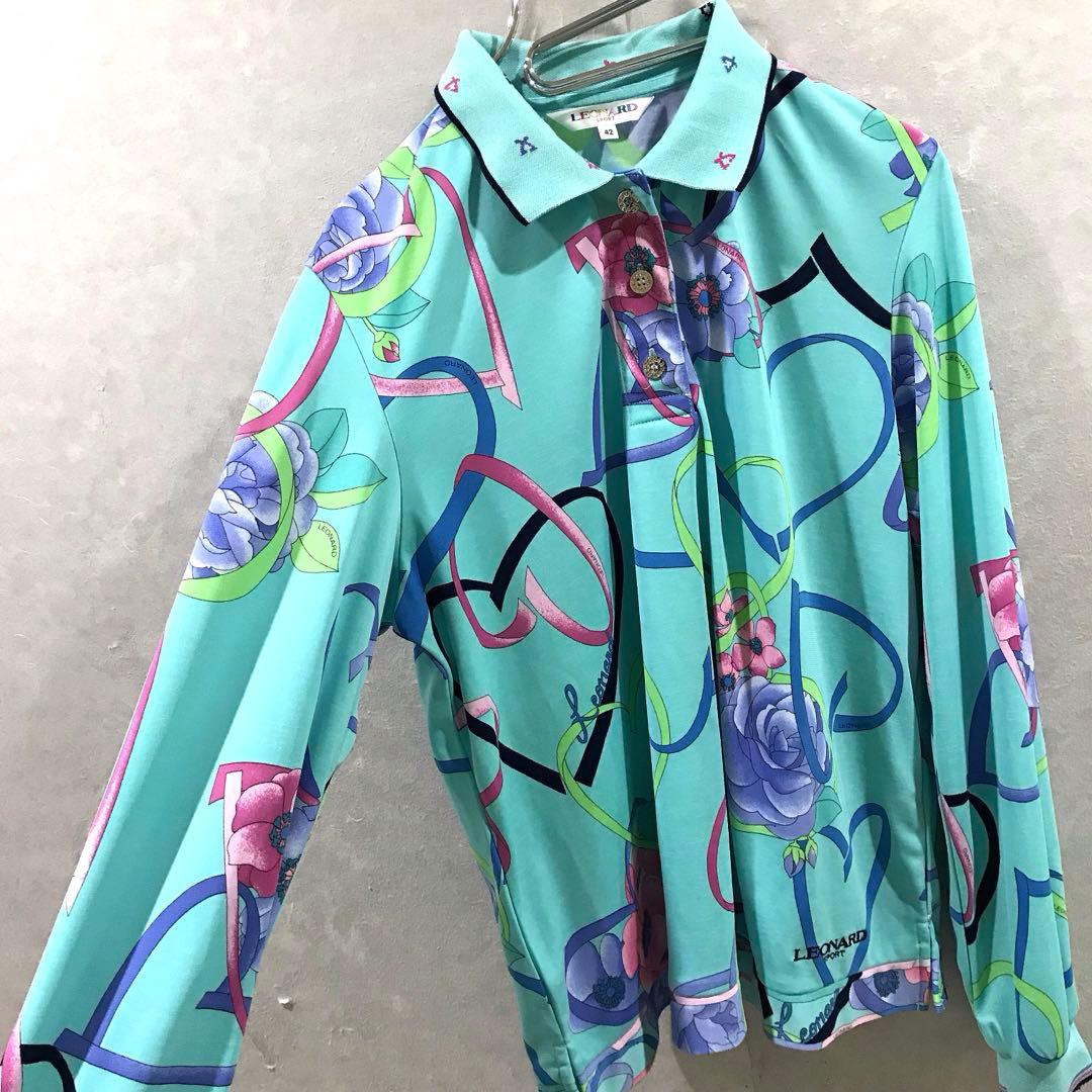 LEONARD レオナール 花柄 ポロシャツ 長袖シャツ 美品 42 美品✨ LEONARD SPORT レオナールスポーツ ポロシャツ 長袖 42 e.s