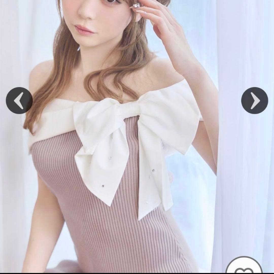 michellMacaron ビジューリボンオフショルワンピース ピンクベージュ