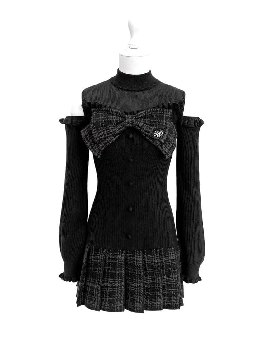 ♡ HONEYMEW ハニーミュウ チェックリボン肩空きプリーツワンピース