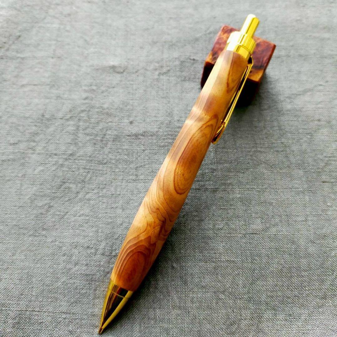 屋久杉　金襴杢　ハンドメイド　木軸シャープペン　0.5mm　天然木　ゴールド