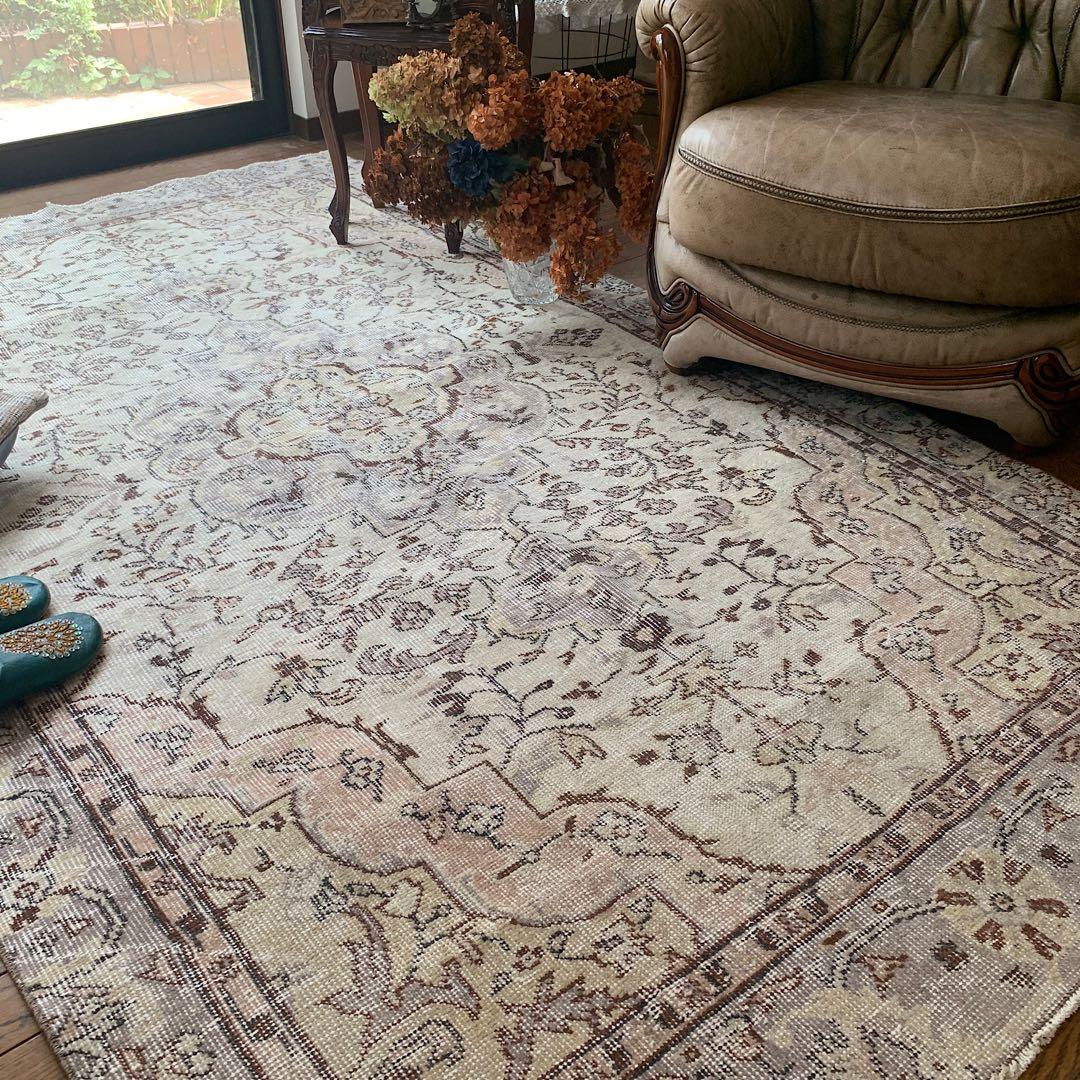 ヴィンテージラグ ベージュオーバーダイ ボタニカルメダリオン トルコ