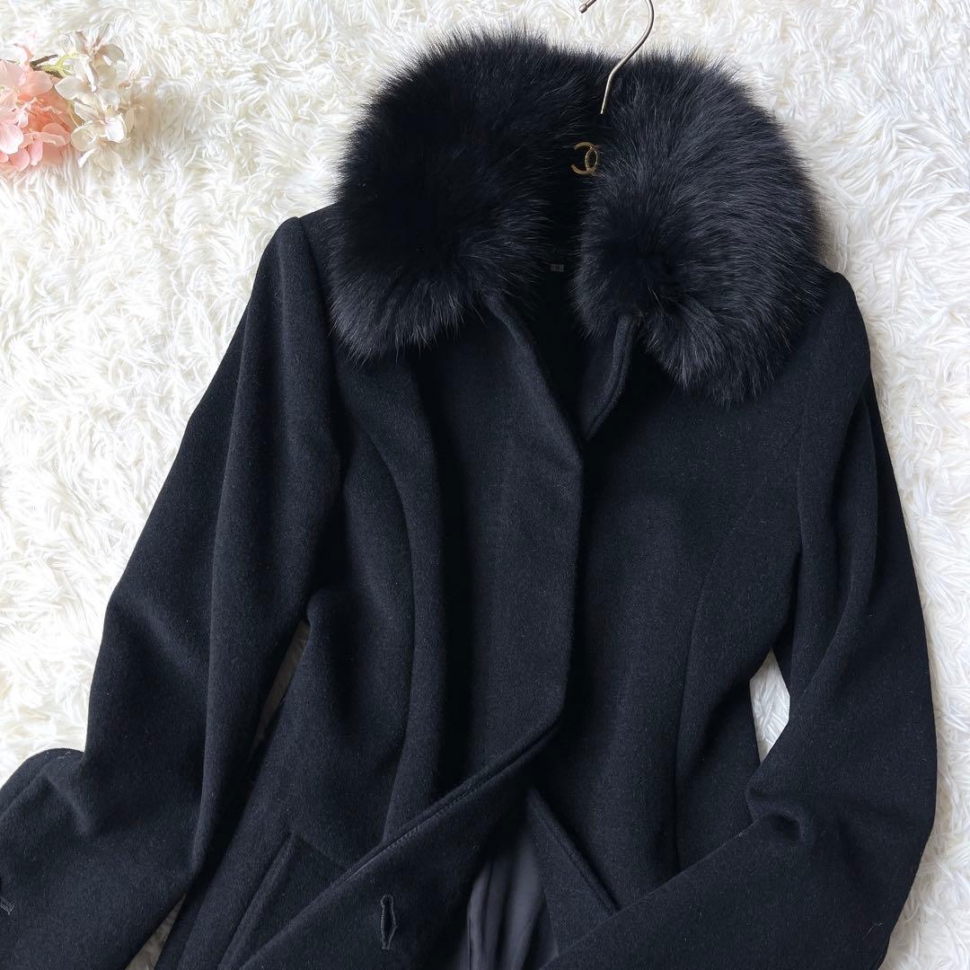 美品 イネド アンゴラファーコート 黒 毛皮 ロングコート ファー着脱可