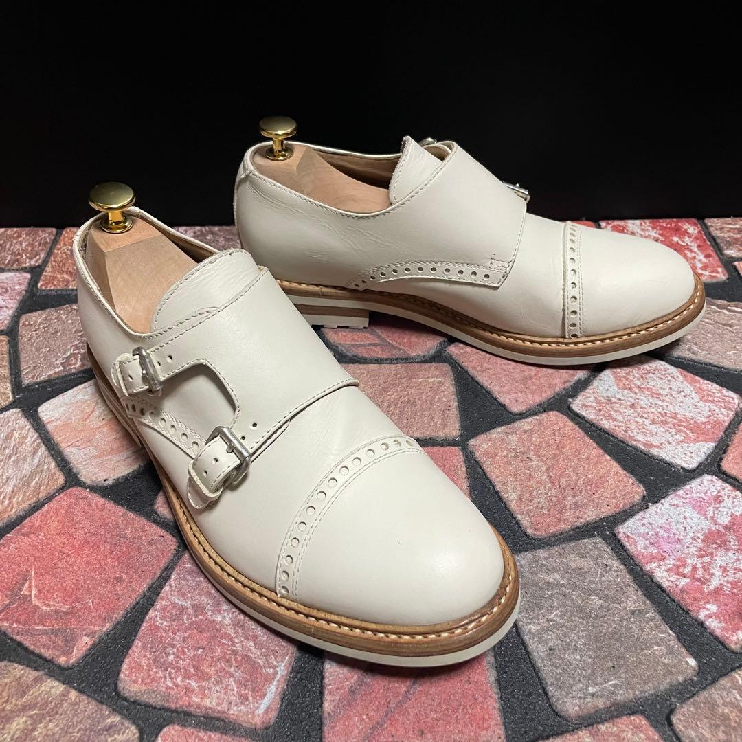 美品　本格革靴　ブッテロ　ダブルモンク ブローグ　25.0cm アイボリー　40