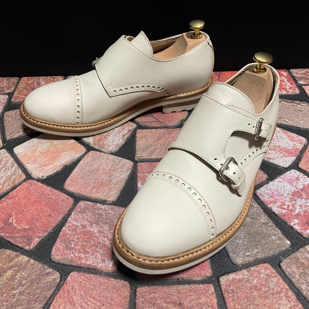 美品　本格革靴　ブッテロ　ダブルモンク ブローグ　25.0cm アイボリー　40