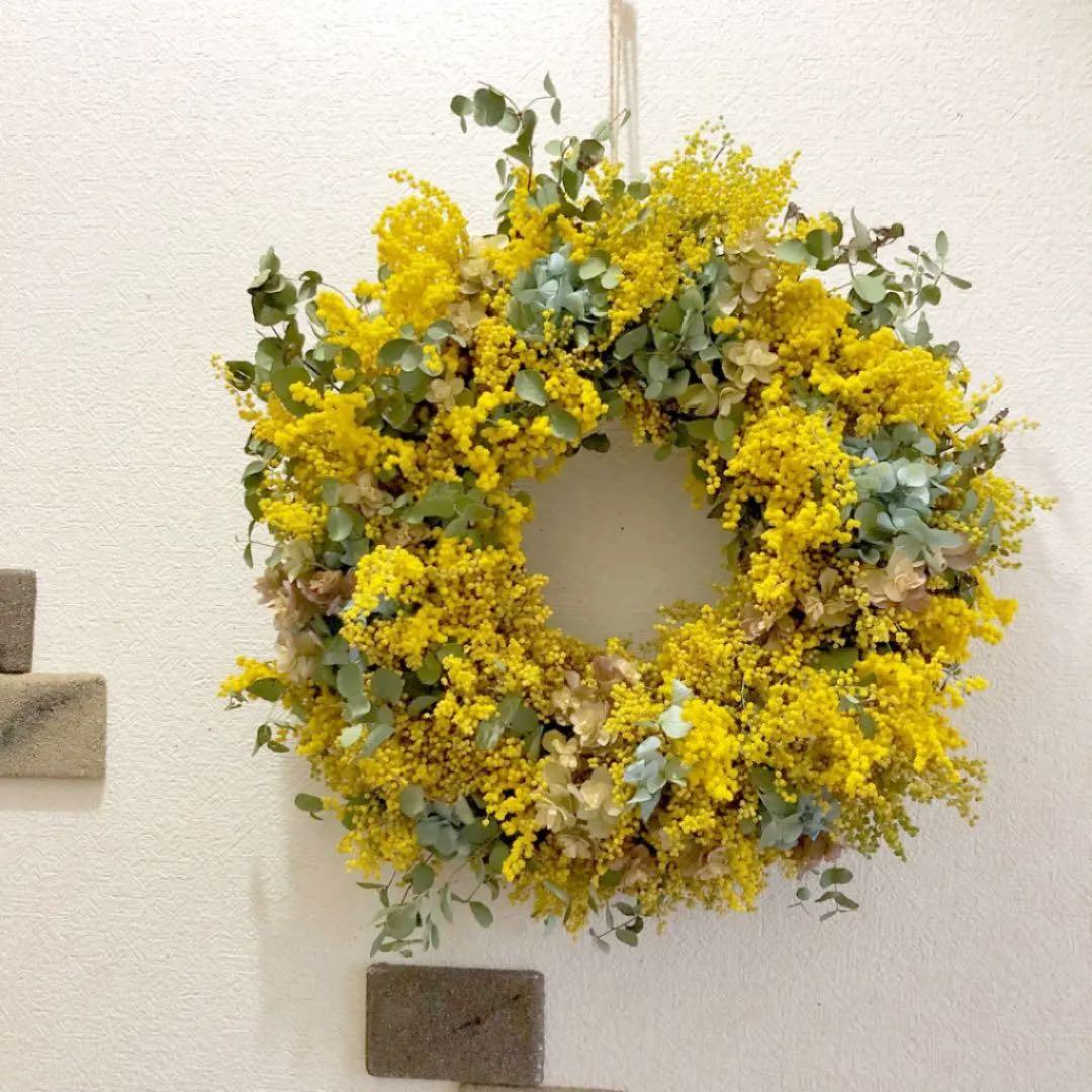 受注制作ミモザリースLLサイズ ミモザ リース 造花【Lサイズ】玄関 お洒落 アーティフィシャル