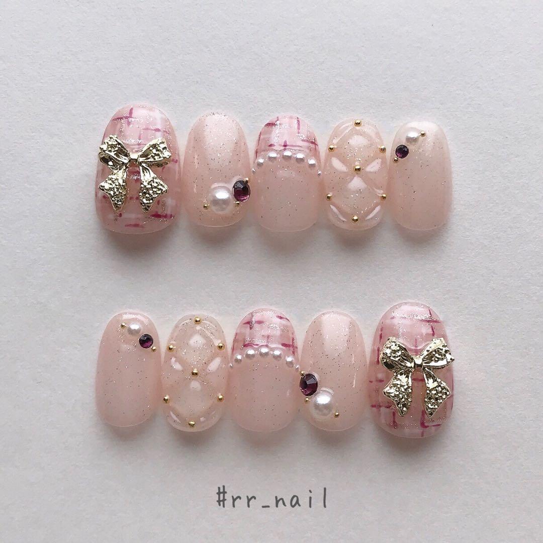 ネイルチップ ツイード リボン ビジュー ガーリー 韓国 量産型