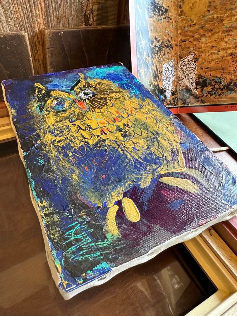 渡辺俊明 油彩画 フクロウ 梟 ミミズク 木兎 木版画包装紙 画虫居