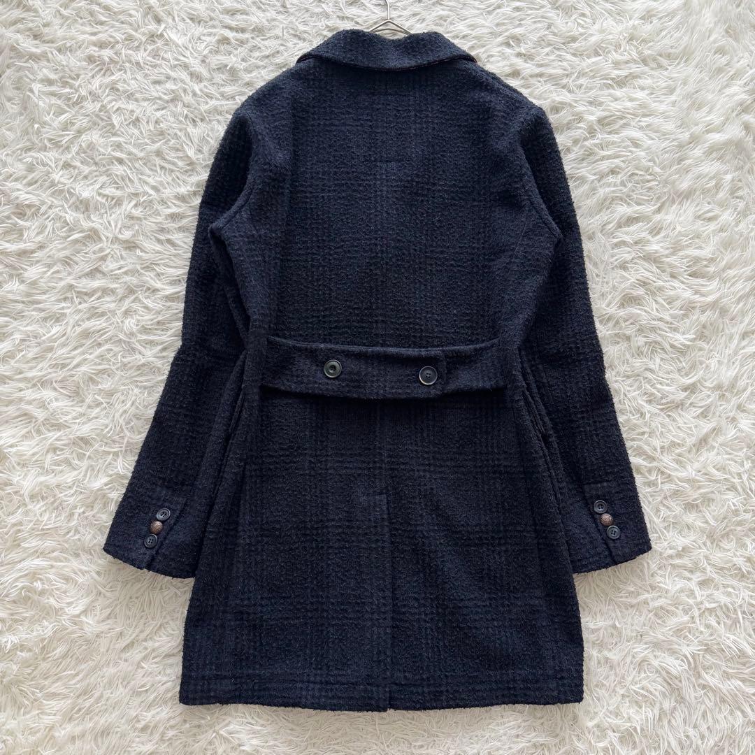 BOB ボブ】チェスターコート ロング ダブル チェック柄 紺 金ボタン M