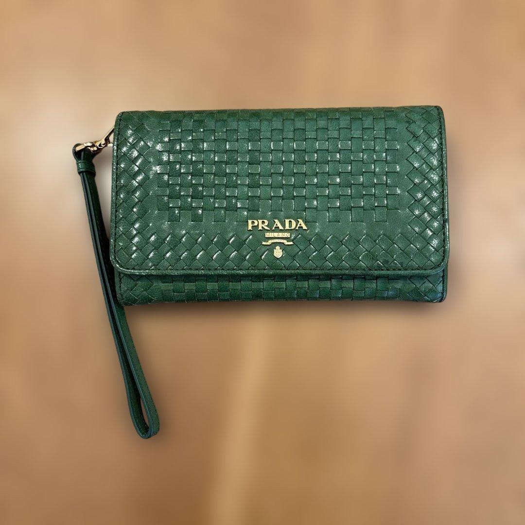 PRADA グリーン 長財布 編み込みデザイン PRADA 編み込みデザイン 長