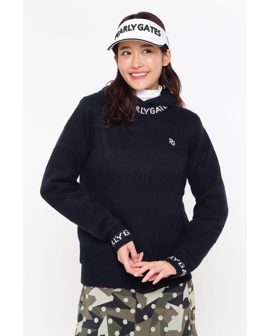 PEARLYGATES カシミヤタッチ 天竺×鹿の子ボーダー ニットプルオーバー 12G部分ジャガードカシミヤタッチコットンハイネックニットプル