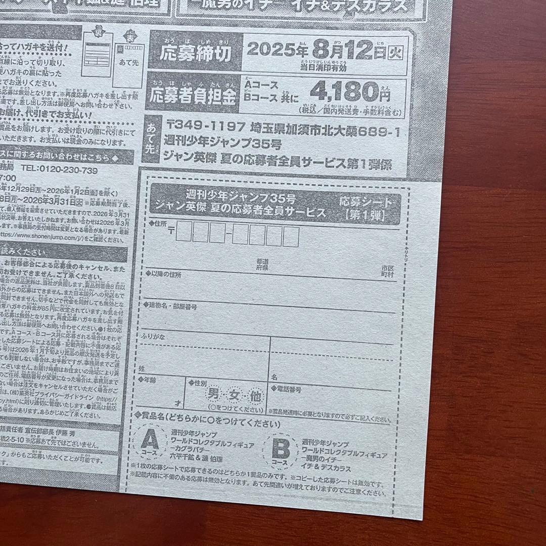週刊少年ジャンプ 35号 付録 夏の応募者全員サービス 第1弾 応募シート