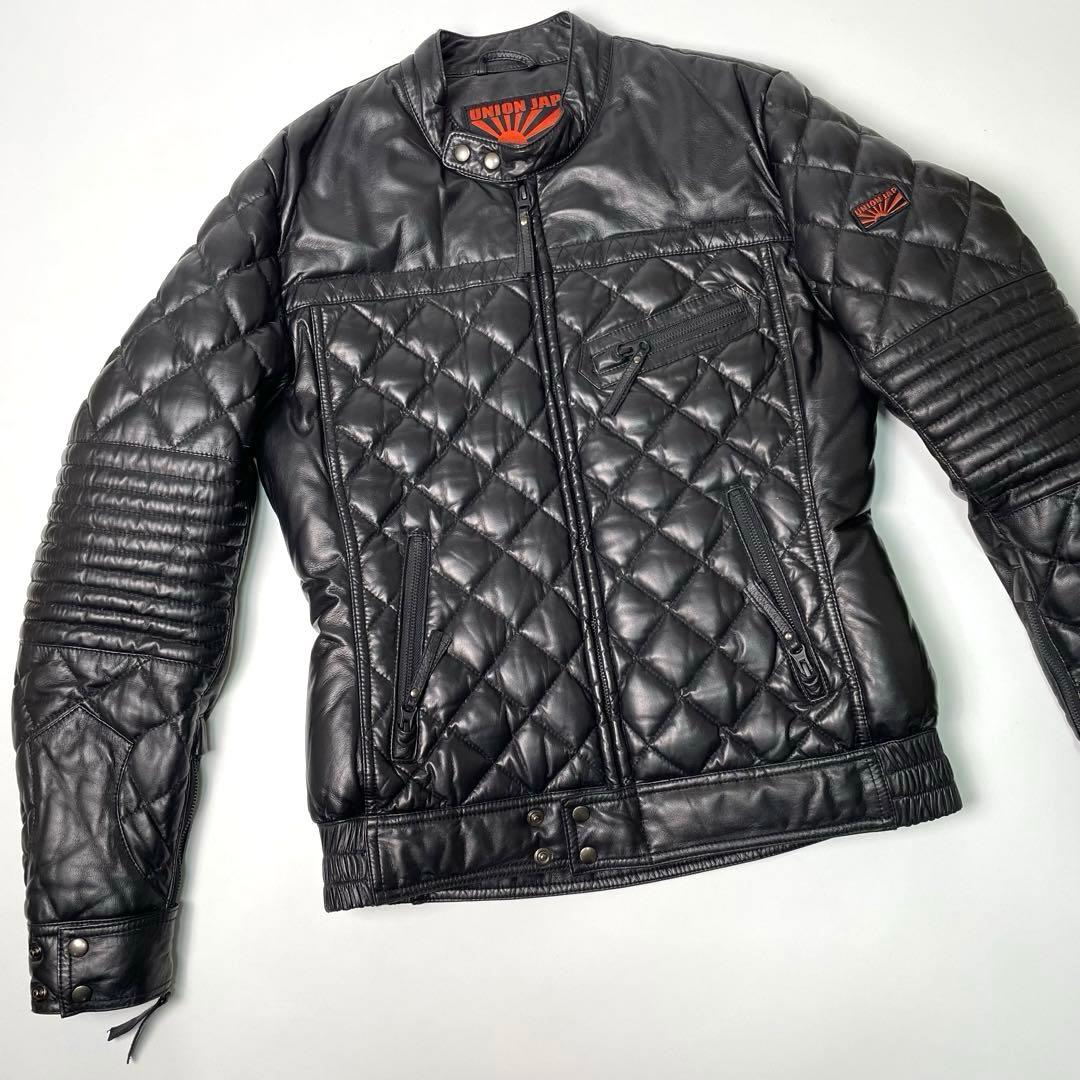 羊革】UNION JAP レザー ダウンジャケット 黒M ライダースジャケット