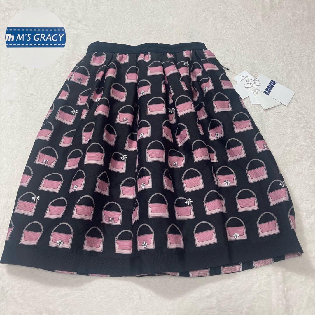 新品　エムズグレイシー　膝丈スカートL バッグ柄 エムズグレイシー M'S GRACY ウール 花柄 タックスカート 膝丈 38