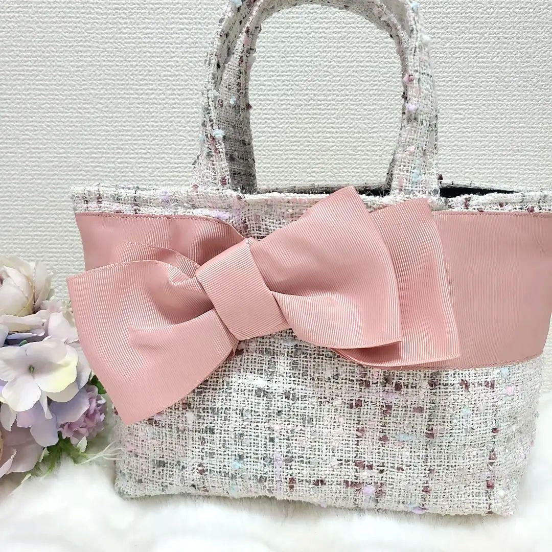 ハンドメイド リボン ツイード ミニ トートバッグ 手提げ ピンクリボン