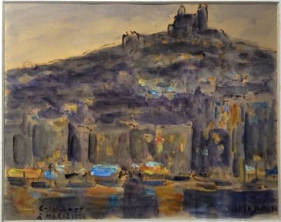 マルセイユの丘、ノートルダム・ド・ラ・ガルド寺院」 田村孝之助 肉筆