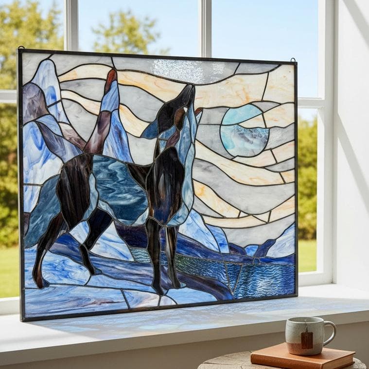 【幅61.5㎝】【希少】大型 ステンドグラス 狼と月 遠吠え 壁掛け パネル Amazon.co.jp: 絵画 満月の狼の遠吠えインテリア 絵画 動植物の自然