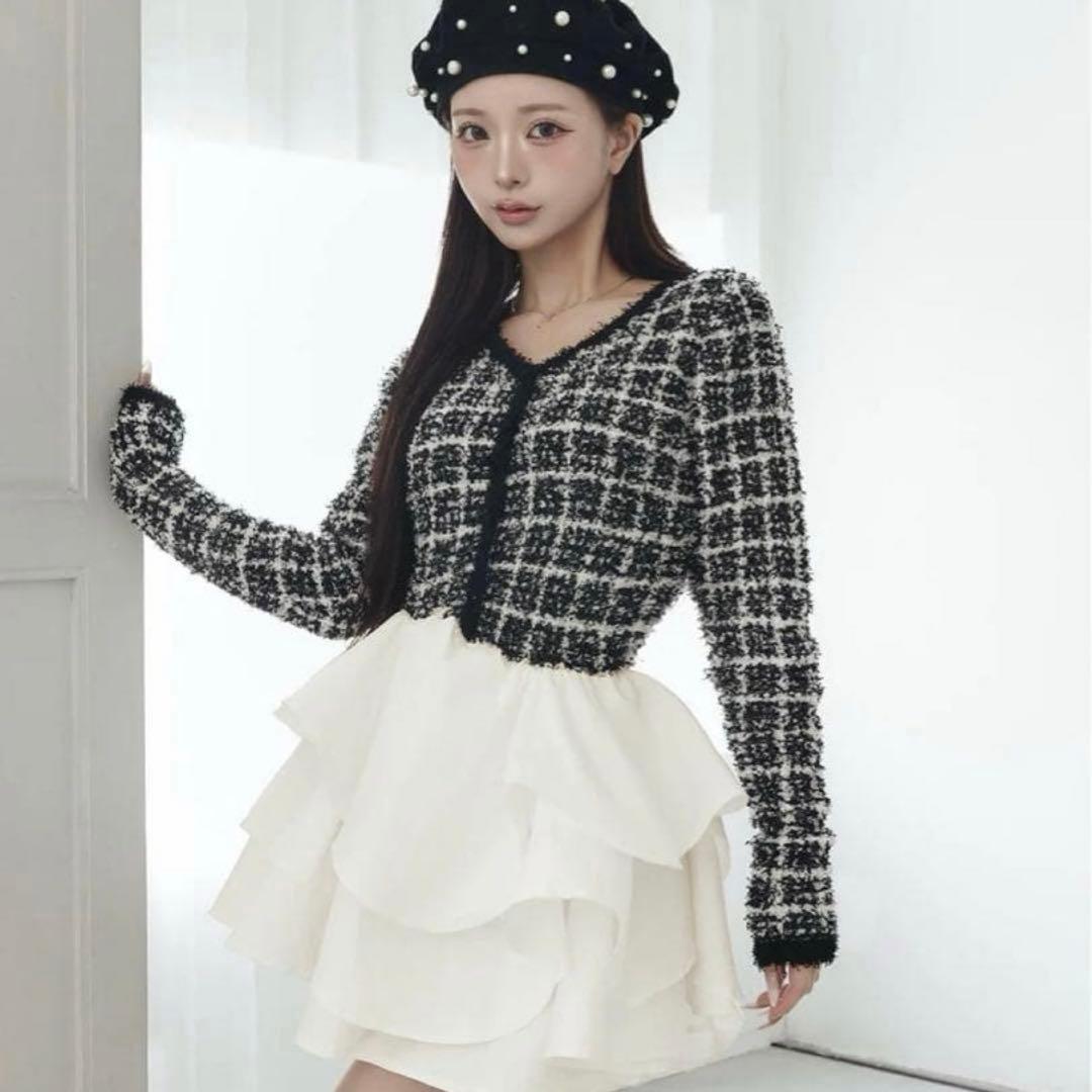 Darich ダーリッチ ボリュームフリルツイードニットミニワンピース BLK