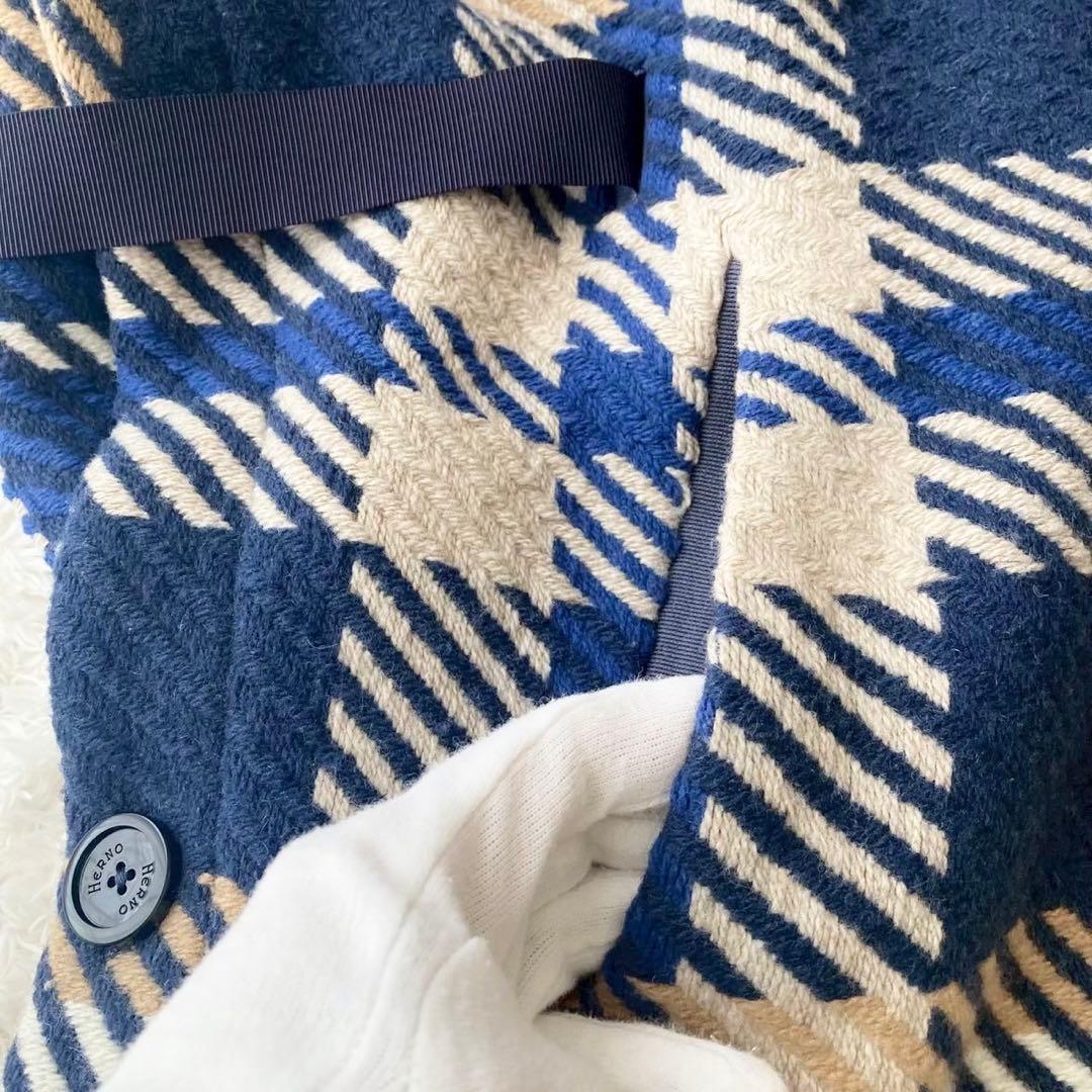 ヘルノ フード付きケープ ポンチョ チェック柄 ウール レザーベルト