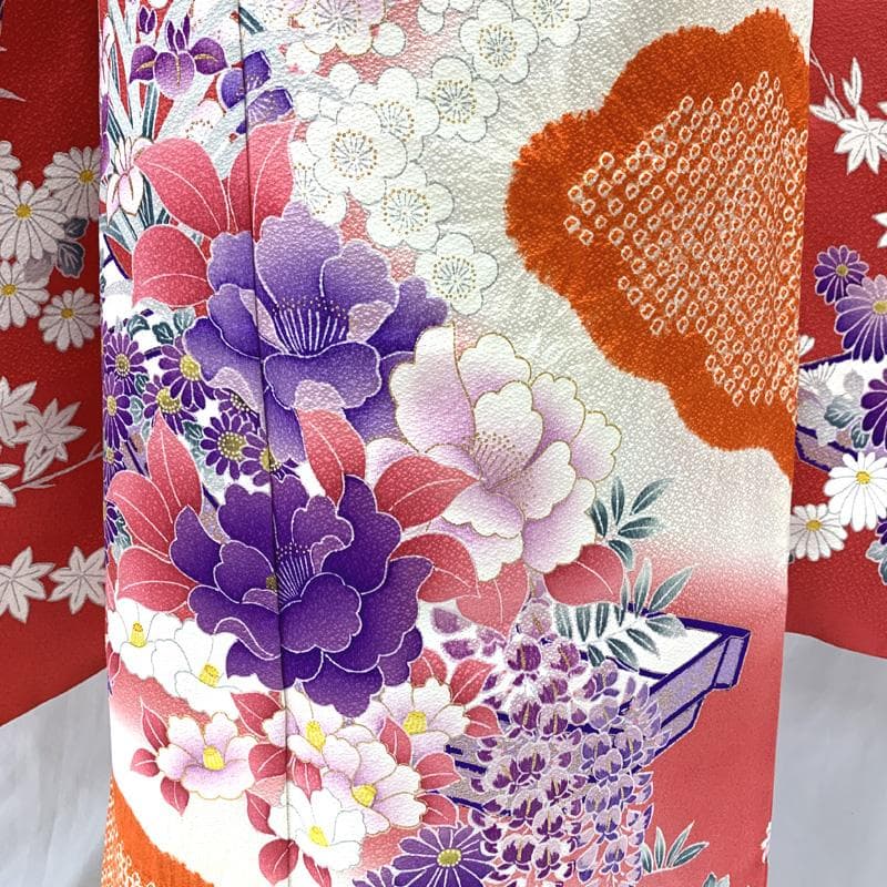 511ag79□七五三 七歳 女児 着物&袋帯 金彩 絞染め 花船 苺色