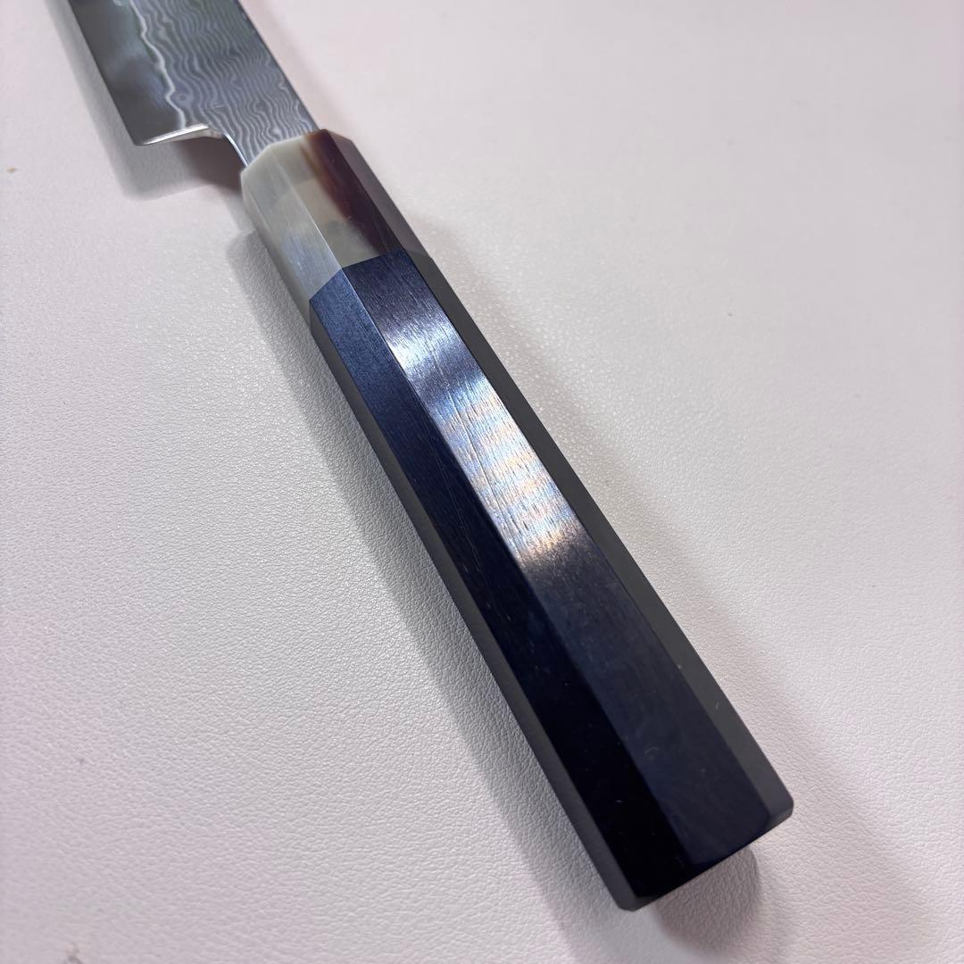 240mm 柳刃包丁 墨流しダマスカス黒檀 本水牛八角柄 刺身包