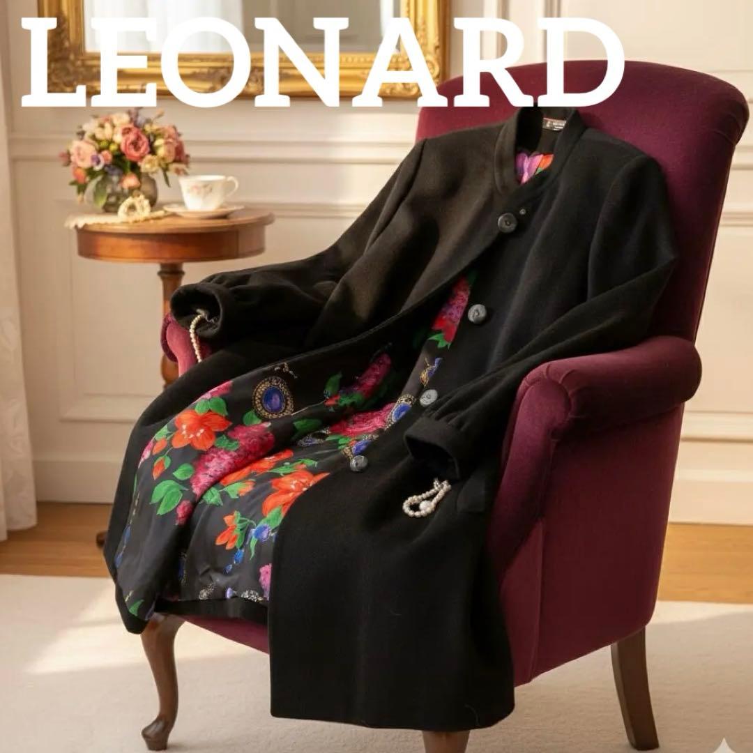 LEONARD レオナール ロングコート カシミヤ100% 総柄 花柄 黒 LEONARD レオナール ロングコート カシミヤ100% 総柄 花柄 黒