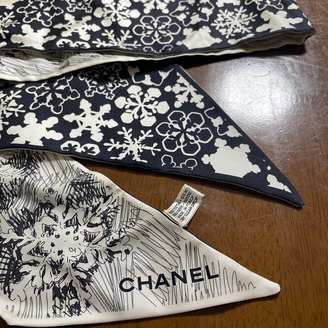CHANEL シルク リボンスカーフ 雪の結晶柄