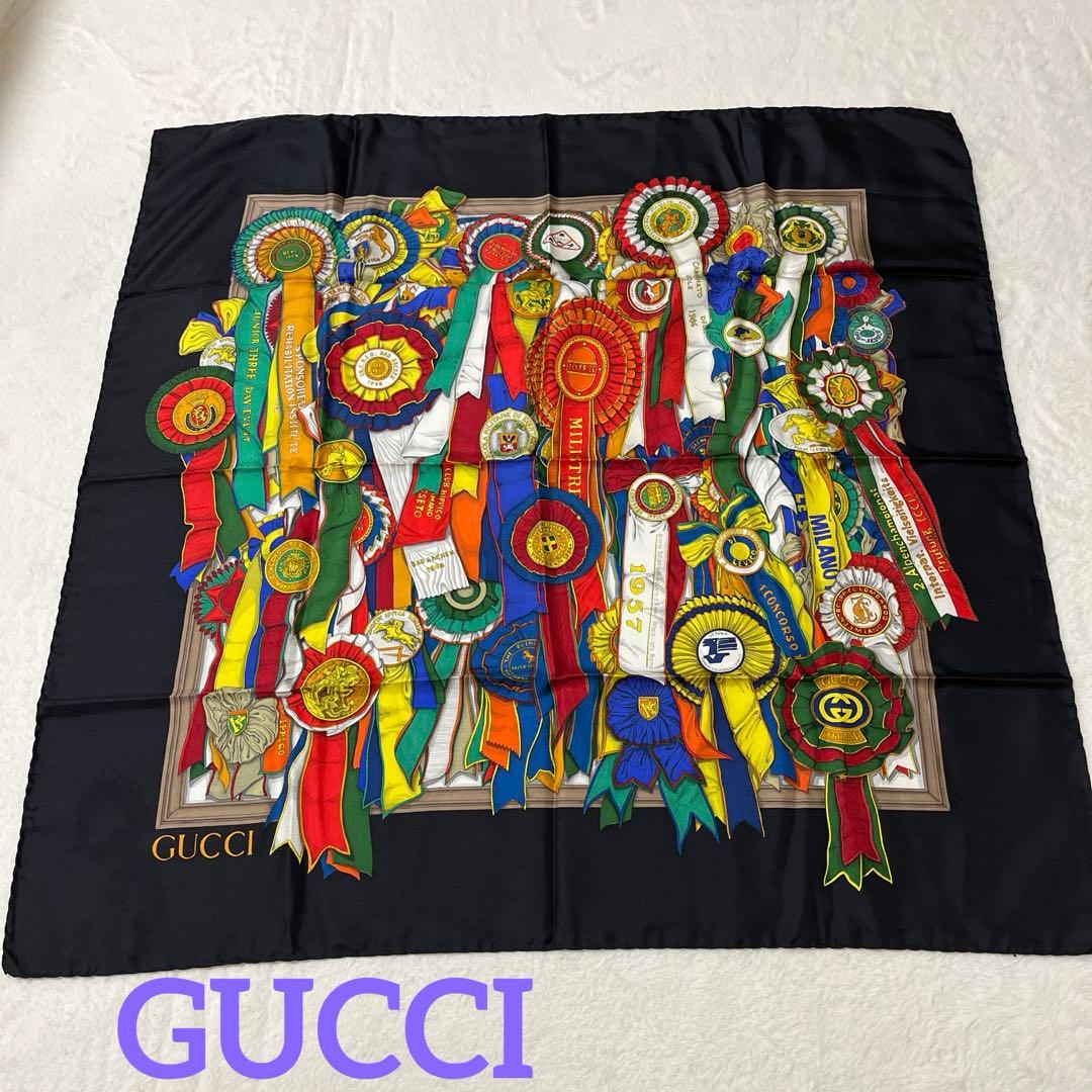 極美品】GUCCI グッチ イタリア製 シルク 勲章 大判スカーフ ストール