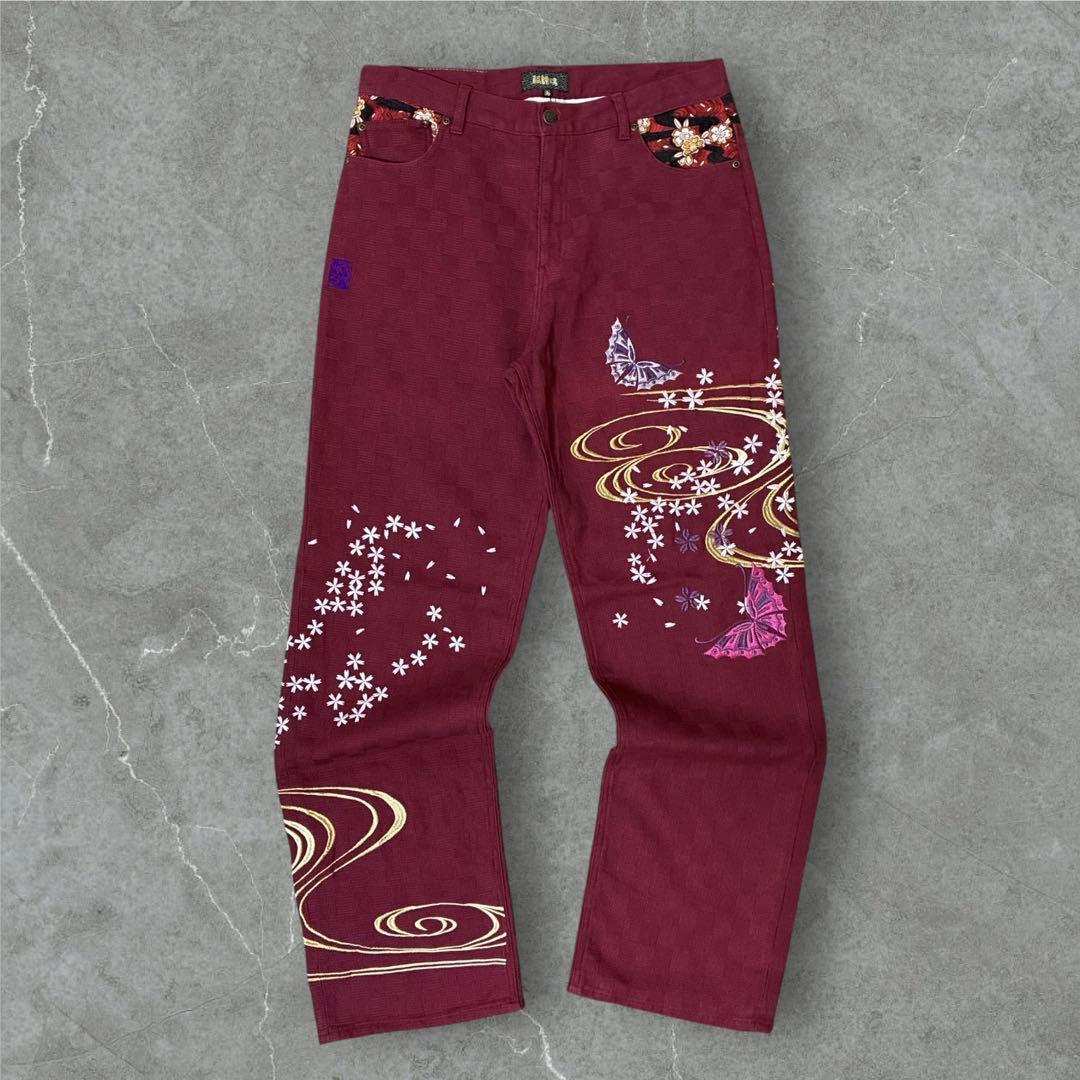 絡繰魂 和柄 豪華刺繍 カラーパンツ 格子織 RED w36 新作 ビッグ有 カラクリ魂/絡繰魂/からくり魂 粋 大龍 総刺繍 金襴和柄