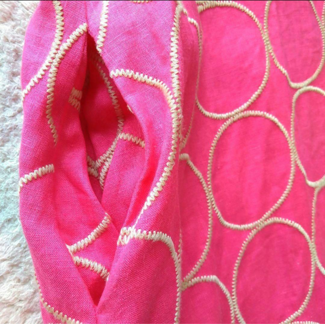 corallo】リネンピンクドット刺繍ノースリーブワンピース総柄