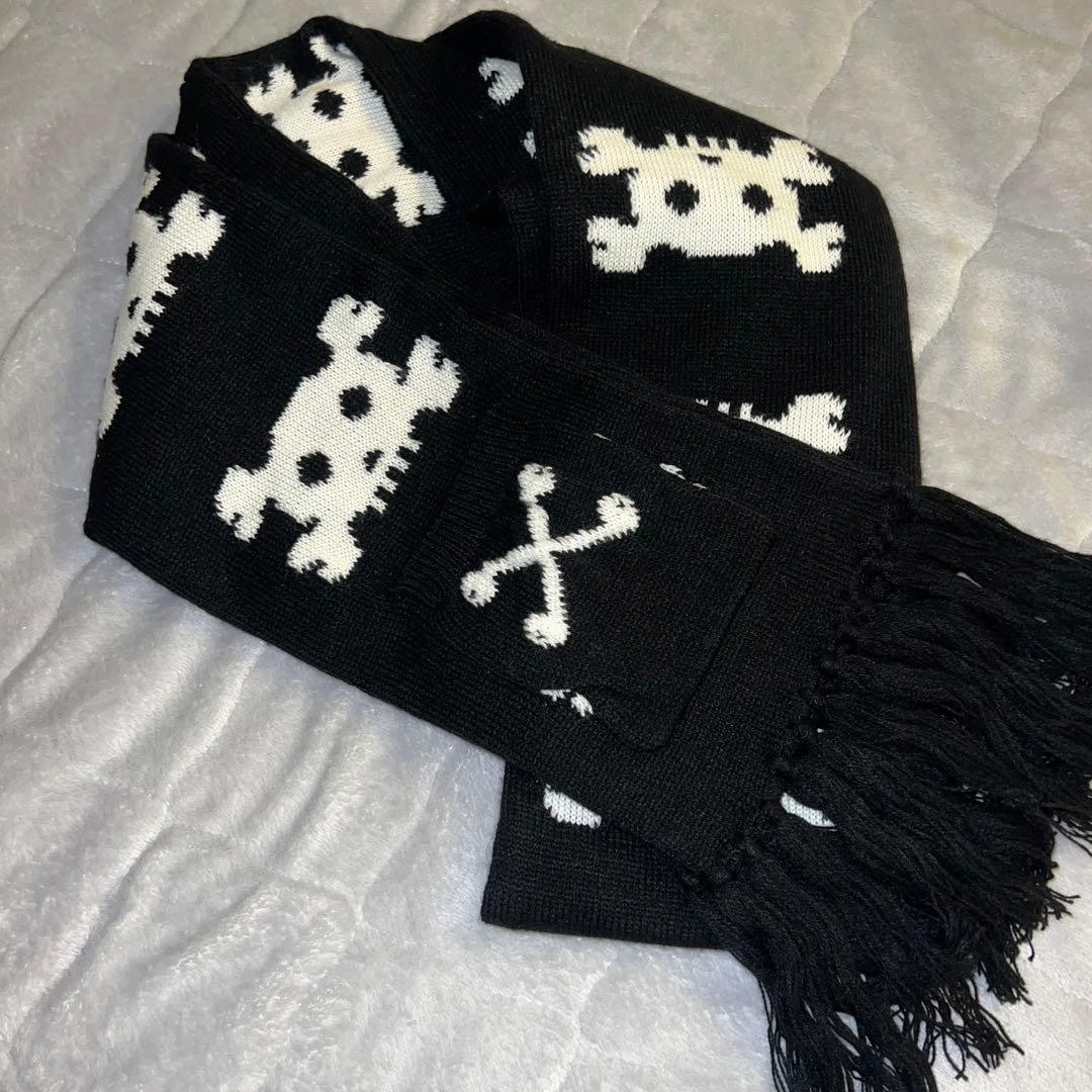 ドクロ パンク スカル柄 黒 マフラー フリンジ ポケット付き 平成 y2k