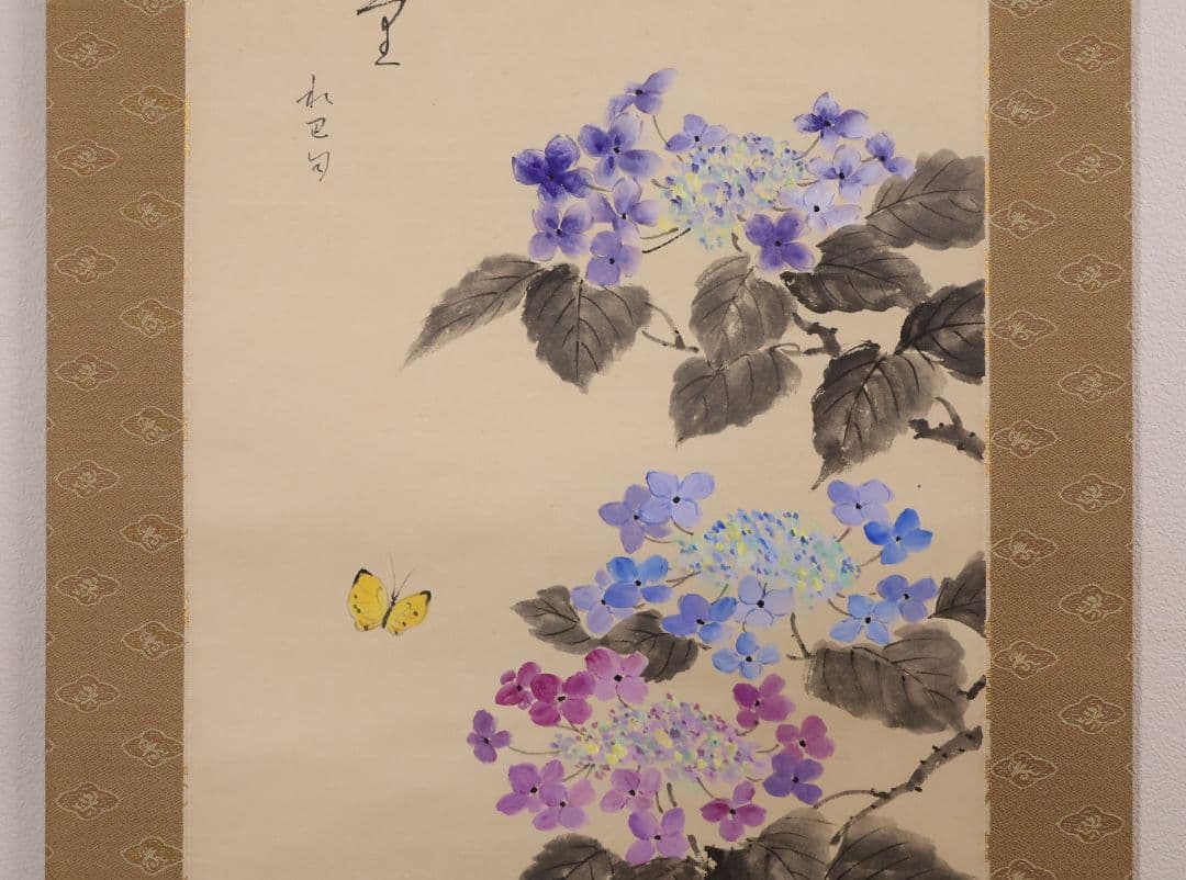 真作】日本画 大野紅節 紫陽花 水巴句 俳画 紙本 掛軸 昭和 MB168