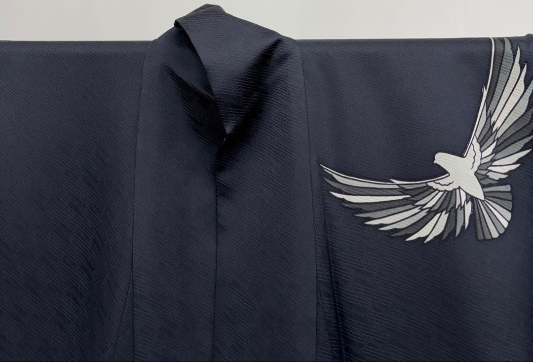 斉藤三才　成人式振袖　長襦袢付　着物　正絹　鳩／濃紺系《き676》#江戸小もーん