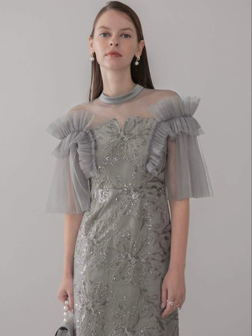 チュールフリルショルダーシアーIラインワンピースドレス結婚式パーティー二次会 当日発送】チュールフリルショルダーシアーIラインワンピースドレス