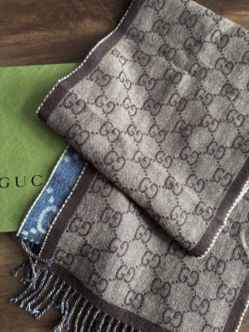 GUCCI GGロゴ デニムブルー リバーシブル マフラー