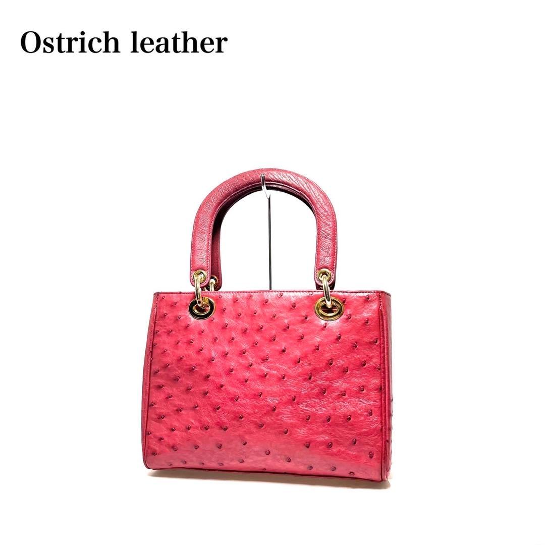 【美品】Ostrich leather オーストリッチ/レッド系色/ハンドバッグ OSTRICH - オーストリッチ OSTRICH バッグ ハンドバッグ トートバッグ