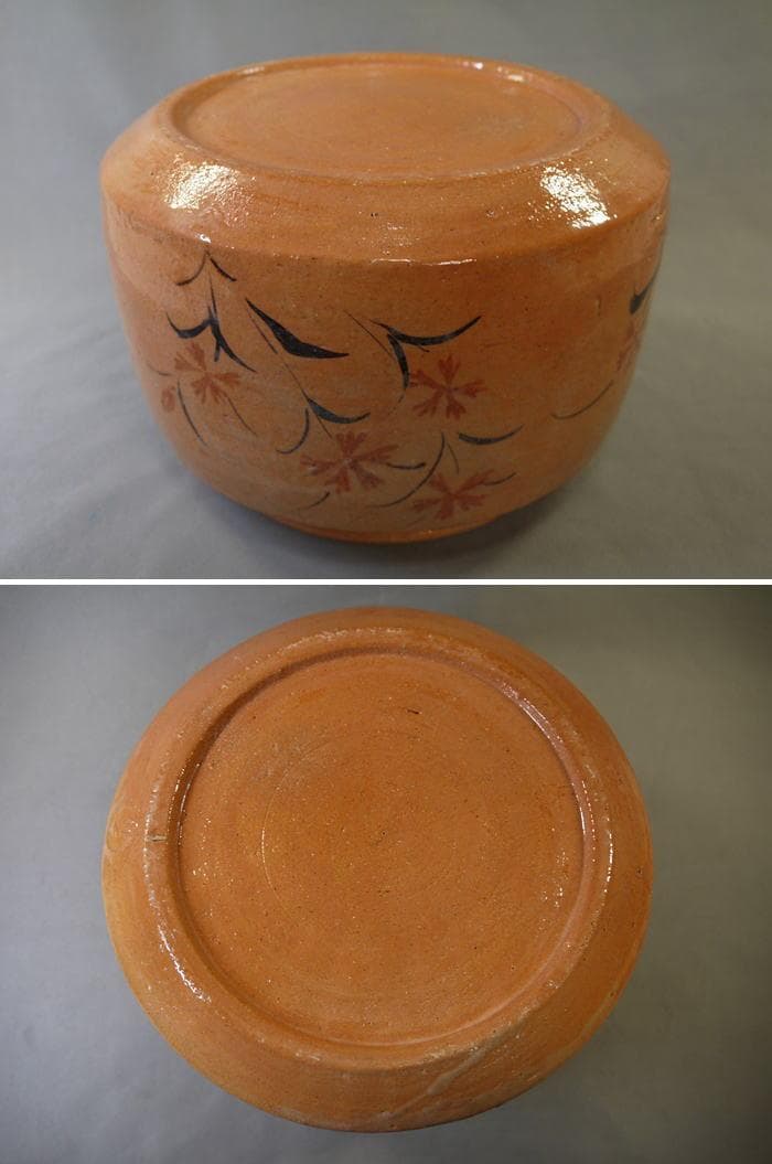 大樋焼　手焙　撫子文　秋の七草　無傷美品　径22.5cm　H16cm 合わせ箱