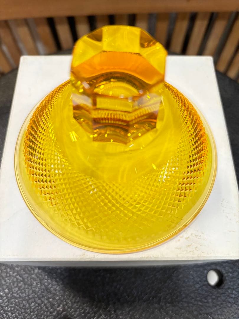 超美品 江戸被切子 二代 岳茂 作品ダイヤモンドカット 黄色 激安投