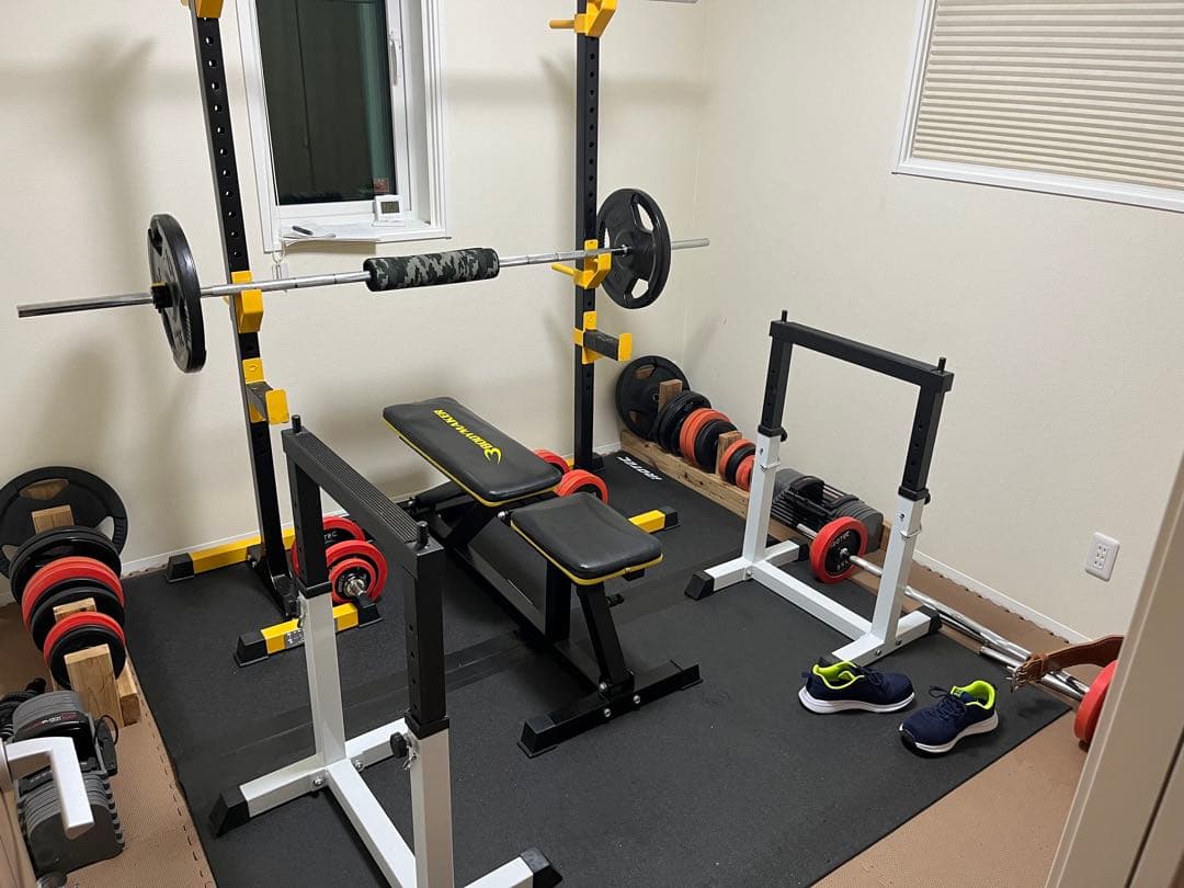 バーベルラックとベンチセット セーフティパックII / ラバーバーベルセット100kg シャフト180cm