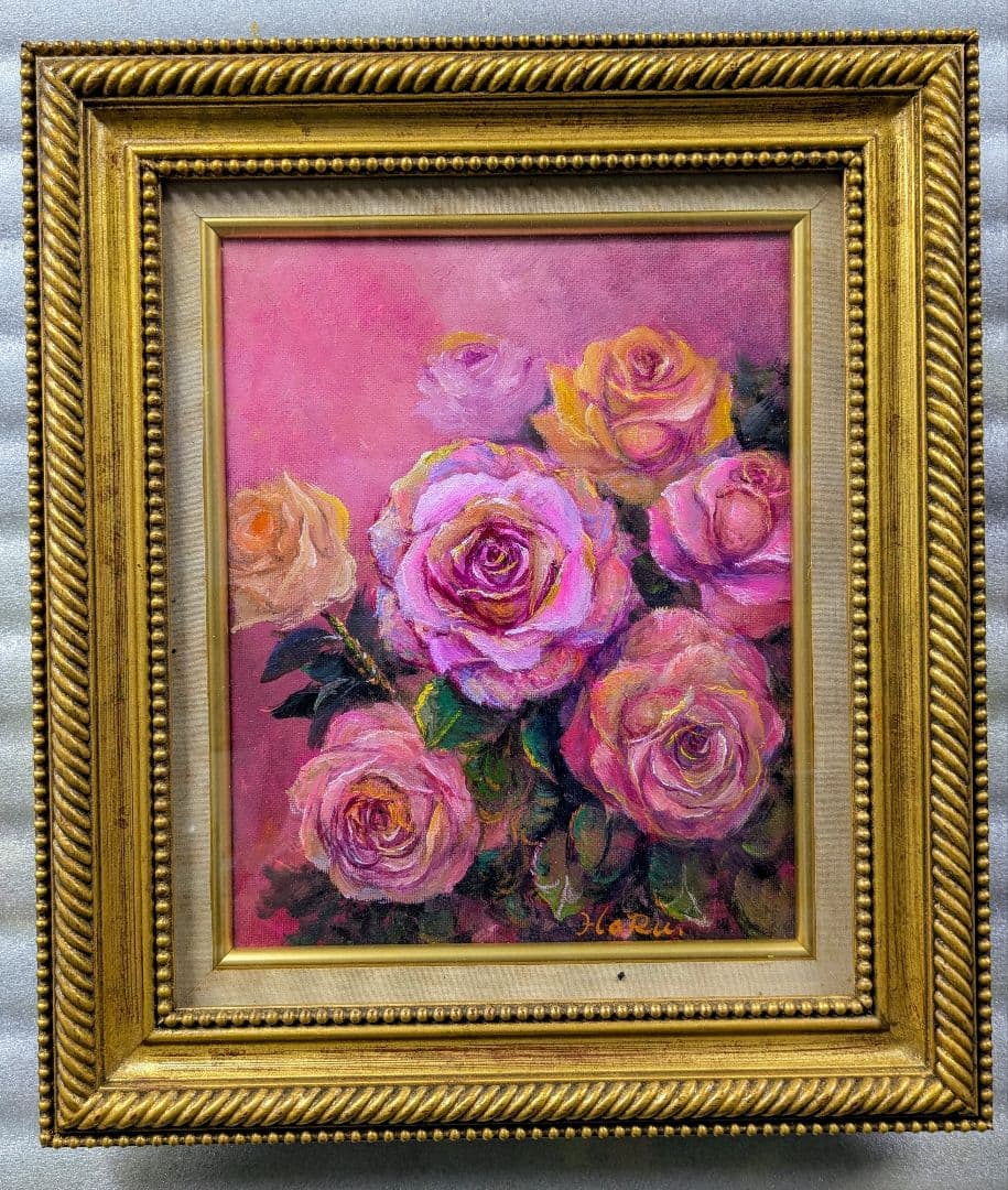 画家haru油彩画F3号★薔薇＊肉筆画＊一点物＊肉筆画＊静物画★ 山本彪一 「 薔薇 」 油絵 ・ 油彩画 F4 ( 4号 ) 絵画 洋画 肉筆