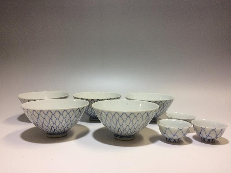 ★昭和レトロ★ レア！　印判　人気の 網目紋様　茶碗　五客　猪口三客オマケ ☆昭和レトロ☆ レア！ 印判 人気の 網目紋様 茶碗 五客 猪口三客