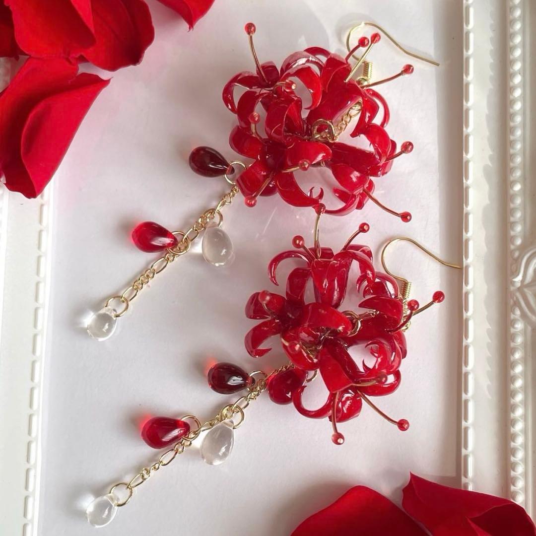 りん5　　イヤリング3点　彼岸花4輪　赤　彼岸花4輪　青　　紫陽花ロング