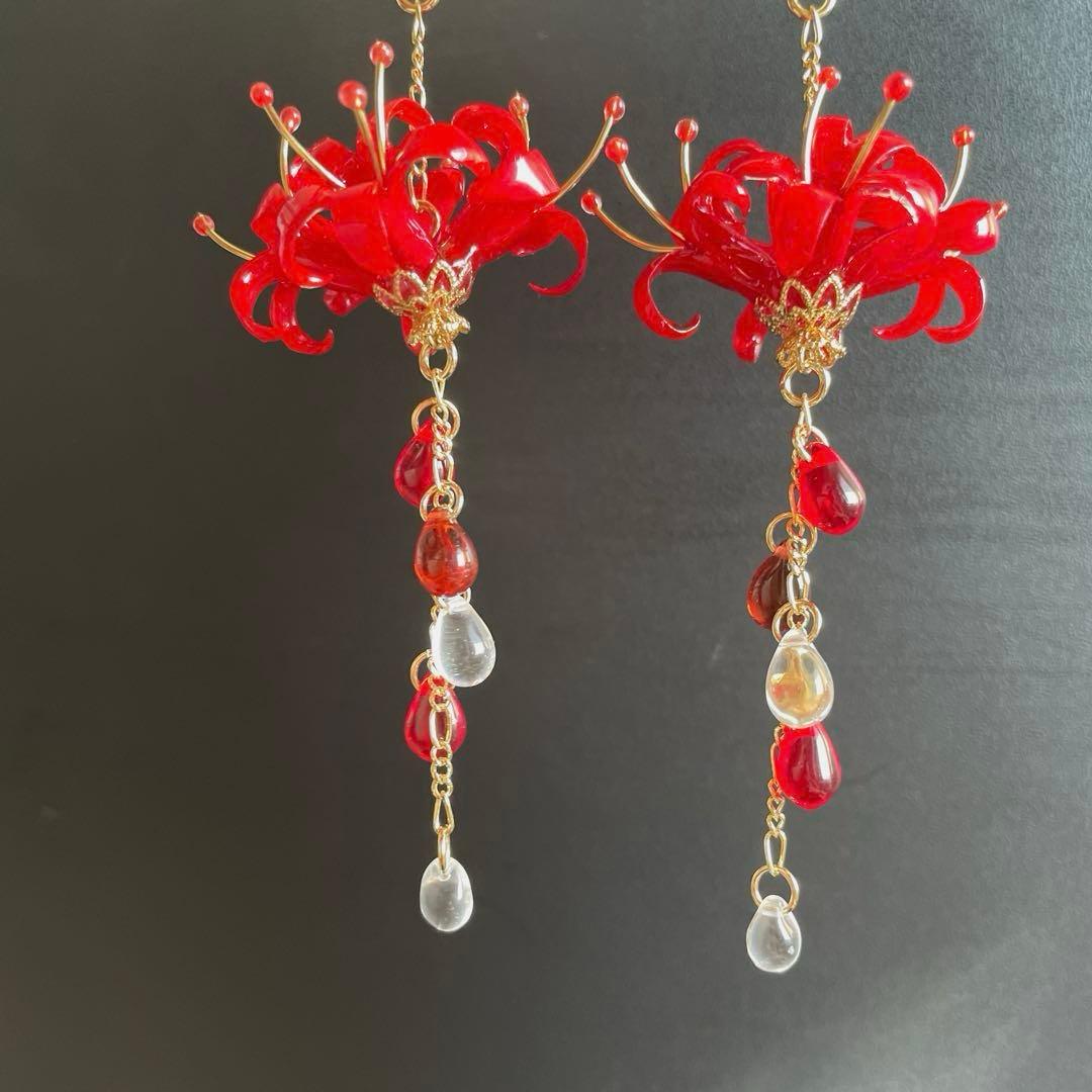 りん5　　イヤリング3点　彼岸花4輪　赤　彼岸花4輪　青　　紫陽花ロング