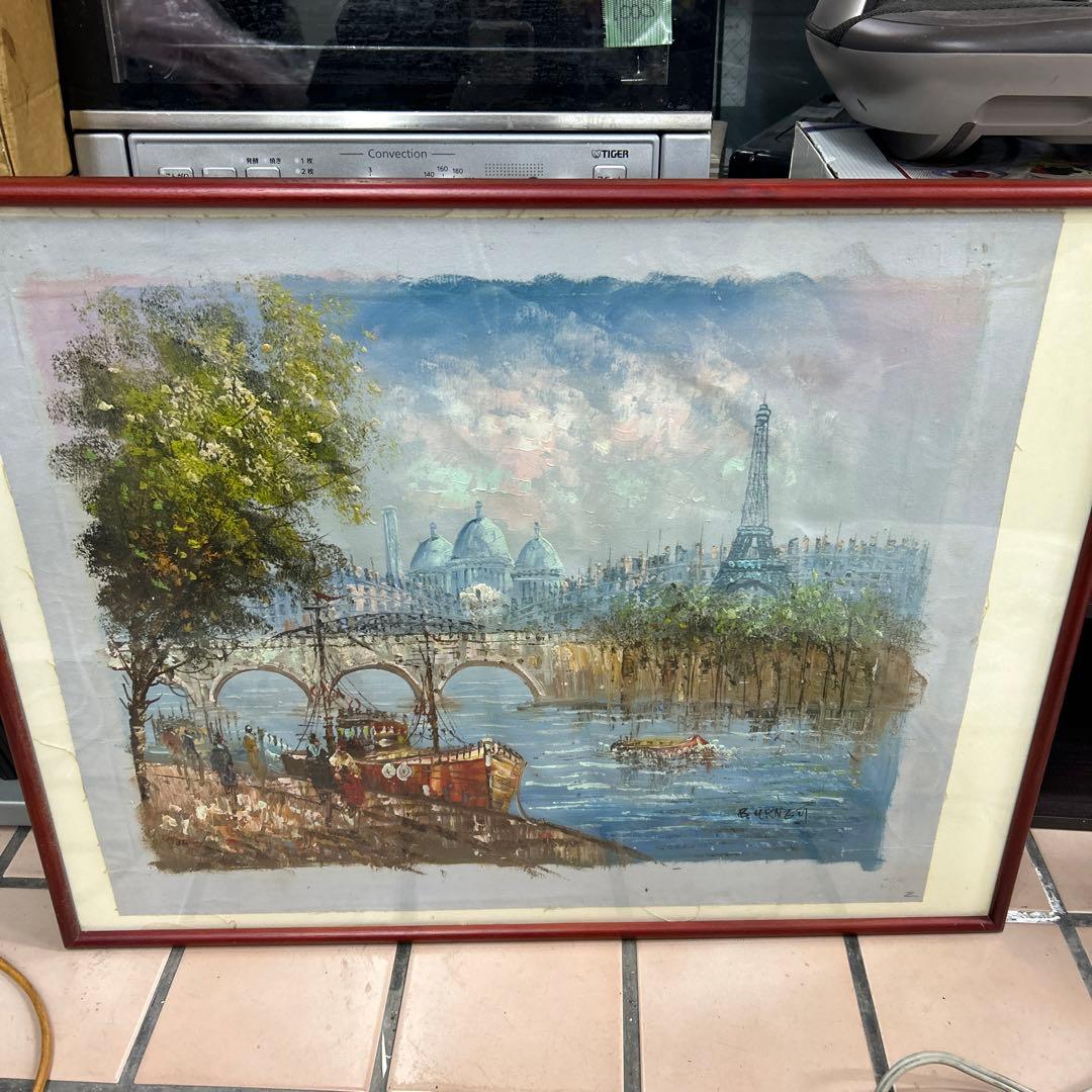 作者不詳 パリの風景 エッフェル塔とノートルダム大聖堂 額付 絵画 インテリア 作者不詳 パリの風景 エッフェル塔とノートルダム大聖堂 額付 絵画
